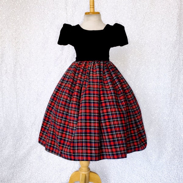 Robe de Noël noire à carreaux et corsage en velours : robe de soirée fille rustique pour les fêtes