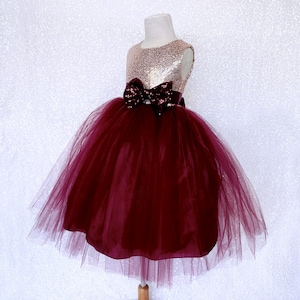 May include: A burgundy tulle dress with a gold sequin bodice and a burgundy sequin bow. The dress is on a white background.