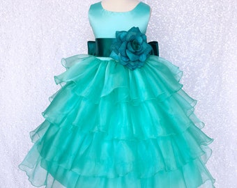 Aqua Organza Ruffle Dress Teal Satin Sash Flower Girl Wedding Bridesmaid Elegant Holiday Junior Infant Birthday Pageant Graduation Party