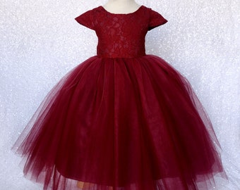 Chic Burgundy French Lace V-Back 3 Layer Tulle Dress Bow Photoshoot Formal Flower Girl Wedding Bridesmaid Junior Infant Pageant Birthday