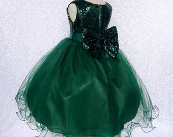 Hunter Green Holiday Tulle Sequin Bow Flower Girl Wedding Birthday Pageant Graduation Party Recital Bridesmaid  Winter Christmas Dress