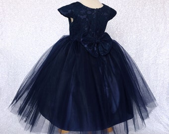 Navy French Lace Short Sleeve Wedding Tulle Dress Bow Ceremony Flower Girl Junior Easter Spring Summer Holiday Baby Pageant Photoshoot Prop