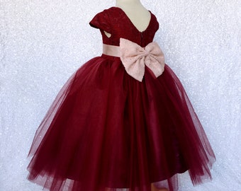 V-Back Floral French Lace Burgundy Blush Pink Cap Sleeve 3 Layer Tulle Gown Birthday Pageant Photoshoot Junior Infant Flower Girl Wedding