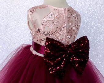 Burgundy Tulle Dress: Rose Gold Sequin Bodice, Detachable Bow - Etsy