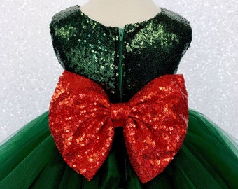 Sleeveless 2 Layer Hunter Green Sequence Bow Tulle Red Birthday Party Wedding Flower Girl Christmas Holiday Spring Winter Fall Toddler Baby