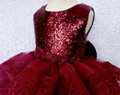 Lace Hem Tulle Ruffle Burgundy Sequin Bow Dress Birthday Party Photoshoot Pageant Recital Graduation Formal Winter Holiday Toddler Newborn