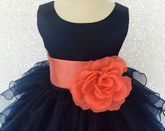 Sleeveless Navy Organza Ruffle Dress Coral Satin Sash Flower Photoshoot Formal Birthday Shabby Ceremony Recital Graduation Girl Bridesmaid