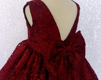 Fancy Country Burgundy Junior French Lace Gown Bow Flower Girl Holiday Spring Rustic Bridesmaid Ceremony Birthday Newborn Summer Recitalfall