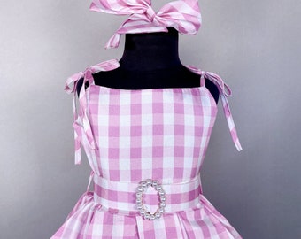Pink Plaid Doll Costume Gown: Party Dress with Bow