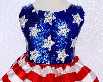 Mini Sequence Royal Blue Red White 4th of July Dress Toddler Infant Pageant Recital Birthday Party Photoshoot Costume Chic 2 4 6 8 10 12 14