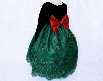 Christmas Hunter Green Embroidery Ankle Length Long Sleeve Toddler Junior Dress