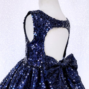 Navy Blue Sequin Ankle Length Flower Girl Summer Wedding Trendy Birthday Pageant Keyhole Back Sleeveless Easter Toddler Girl Big Bow Dress