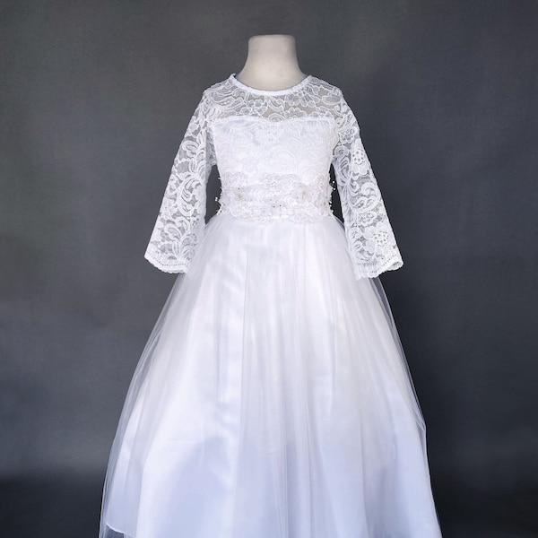 Long Sleeve Lace 2 Layer Tulle White Dress Junior Toddler Flower Girl Wedding Bridesmaid Graduation Photoshoot Communion Confirmation 4 6 8