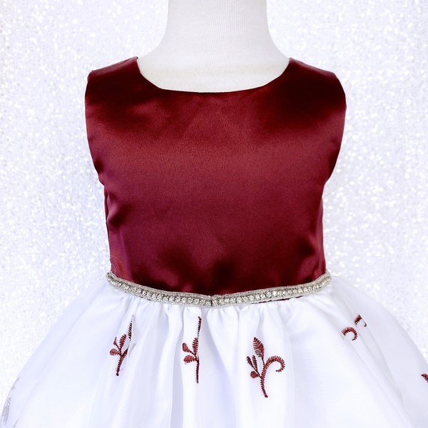 Sleeveless Satin Burgundy Flower Embroidery Dress Toddler Newborn Flower Girl Holiday Photoshoot Prop Graduation Birthday Pageant Rustic