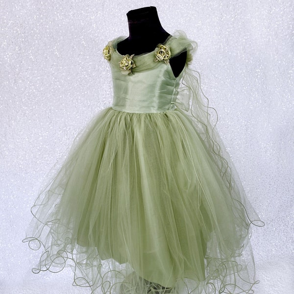 Tulle Sage Fairy Winged FL 2 Layer Dress Newborn Toddler Flower Girl Wedding Holiday Easter Spring Summer Birthday Party Pageant Recital
