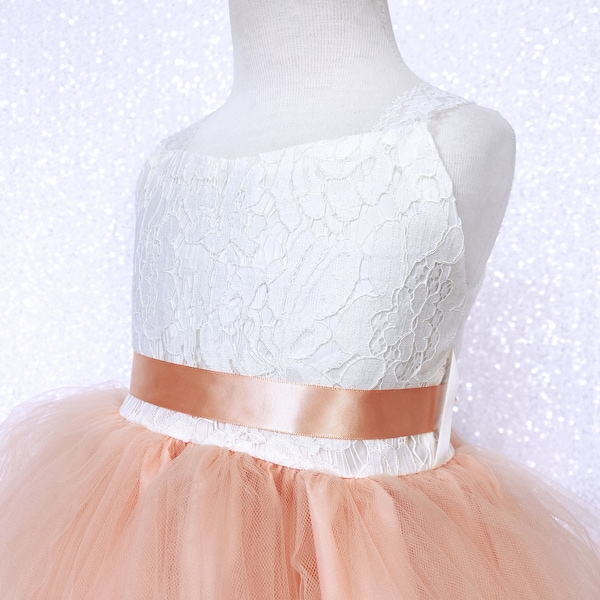 Chic Ivory Sleeveless Lace 2 Layer Peach Tulle Dress Junior Toddler Wedding Flower Girl Birthday Party Photoshoot Pageant Graduation Holiday