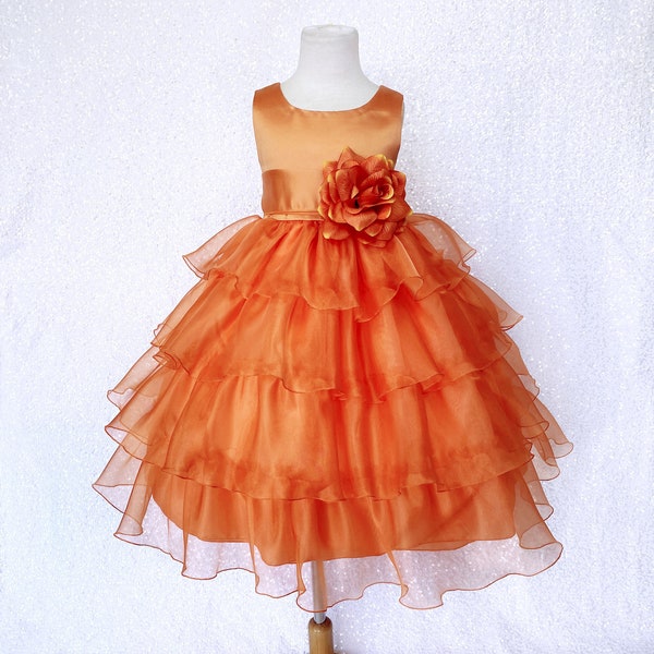 Spring Sleeveless Orange Organza Ruffle Satin Sash Dress Toddler Infant Flower Girl Wedding Pageant Birthday Party Graduation Photoshoot