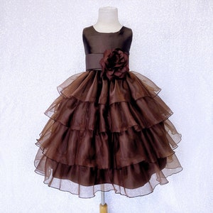 Brown Sleeveless Organza Ruffle Toddler Newborn Pageant Flower Girl Wedding Birthday Holiday Easter Christmas Formal Chic Ankle Dress