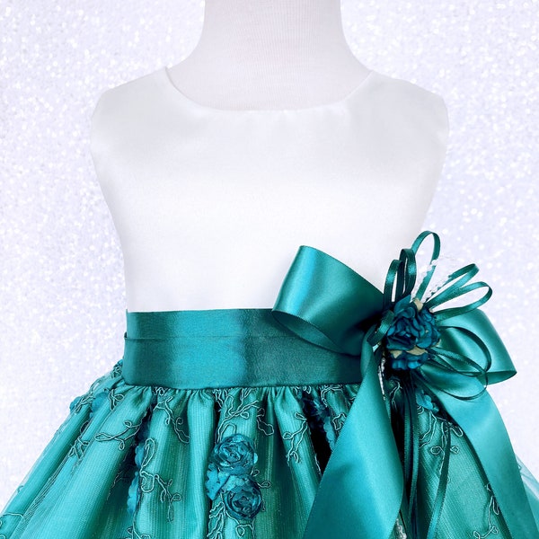 Rustic Teal Flower Embroidery Ivory Satin Dress Toddler Junior Wedding Flower Girl Bridesmaid Birthday Party Pageant Photoshoot Graduation