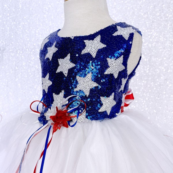 FL Hi Low 2 Tier Tulle Mini Sequin Stars Gown Newborn Junior 4th of July Costume Photoshoot Pageant Birthday Independence Day Patriotic Chic