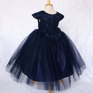 Navy Französische Spitze Kurzarm Hochzeit Tüll Kleid Schleife Zeremonie Blumenmädchen Junior Ostern Frühling Sommer Urlaub Baby Festzug Foto-Shooting Requisite