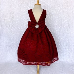 Vintage Chic Crystal Lace Dress Burgundy Ribbon Bridesmaid Rustic Wedding Flower Girl Birthday Party Graduation Recital Photoshoot Ceremony