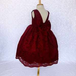 Elegant Chic Burgundy French Lace Dress Bow Flower Girl Holiday Spring Fall Rustic Photoshoot Formal Graduation Junior Toddler Wedding Party