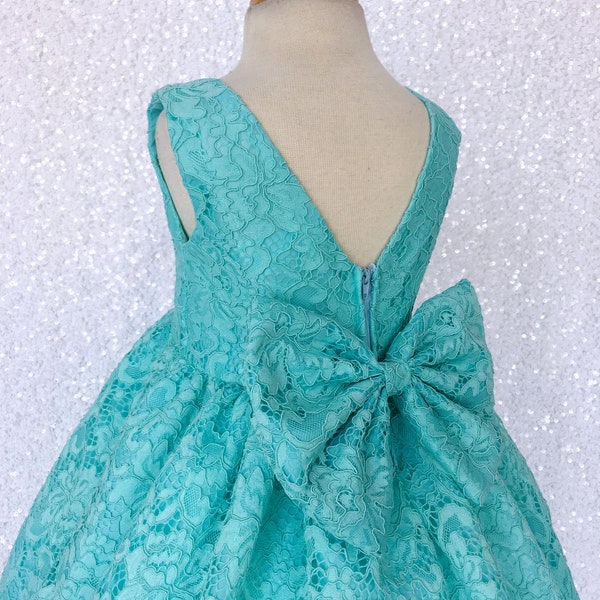 Easter Chic Aqua Blue French Lace Dress Bow Flower Girl Holiday Spring Fall Rustic Photoshoot Formal Graduation Junior Toddler Wedding Party