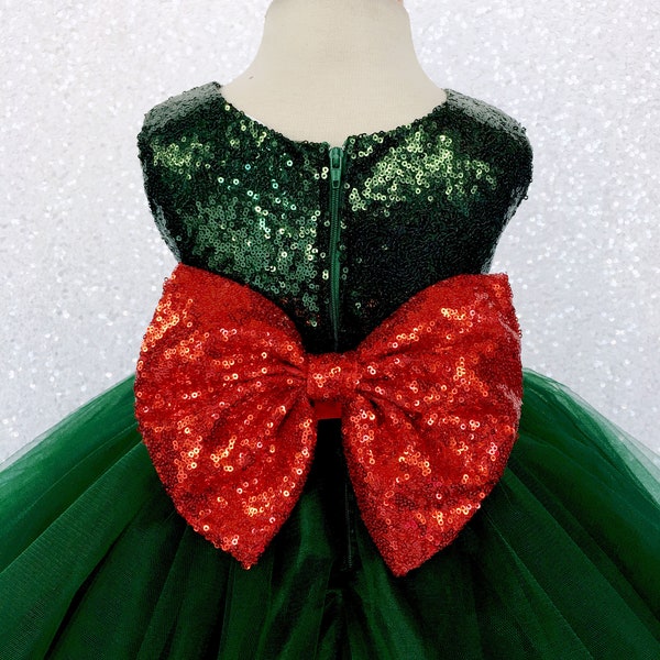 Sleeveless 2 Layer Hunter Green Sequence Bow Tulle Red Birthday Party Wedding Flower Girl Christmas Holiday Spring Winter Fall Toddler Baby