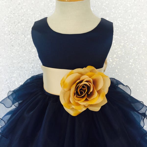 Country Inspired Organza Ruffle Navy Dress Champagne Satin Sash Wedding Formal Ceremony Recital Pageant Graduation Birthday Toddler Junior