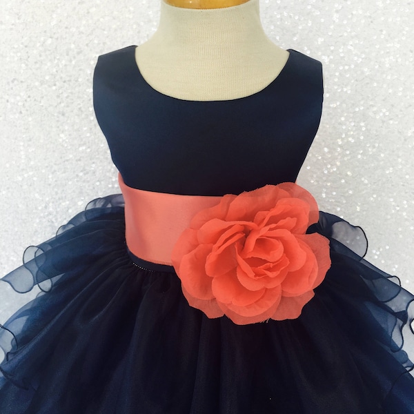 Sleeveless Navy Organza Ruffle Dress Coral Satin Sash Flower Photoshoot Formal Birthday Shabby Ceremony Recital Graduation Girl Bridesmaid