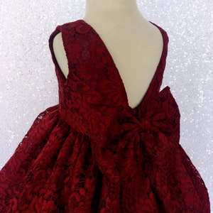 Fancy Country Burgundy Junior French Lace Gown Bow Flower Girl Holiday Spring Rustic Bridesmaid Ceremony Birthday Newborn Summer Recitalfall