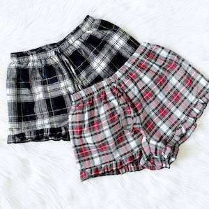 Adult Plaid Shorts Ruffle Trim PJ Women Sleepwear Bridesmaid Pajamas Graduation Birthday Christmas Holiday Winter Fall Spring Summer Gift