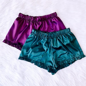 Women's Satin PJ Shorts Ruffle Pajama Sleepwear Wedding Birthday Christmas Holiday Spring Summer Fall Pink Black Ivory Champagne Teal S M L