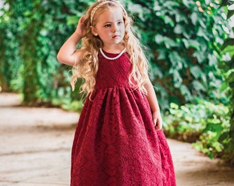 Wedding Flower Girl Sleeveless Valentines Burgundy French Lace Dress Holiday Spring Vintage Photoshoot Formal Birthday Junior Newborn Party