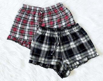 Plaid Shorts Ruffle Trim Pajama PJ Adult Women Sleepwear Bridesmaid Birthday Sports Christmas Fall Winter Spring Elastic Waistband Holiday