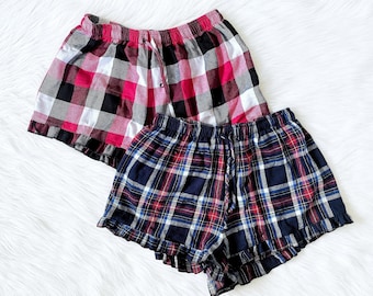 Women's Adult Buffalo Plaid Cotton Pajama Shorts: Ruffle Trim Sleepwear