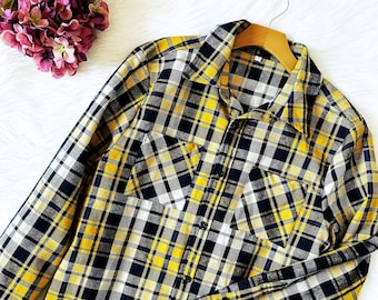 Yellow White Navy Buffalo Plaid Flannel Shirt Unisex Long Sleeve