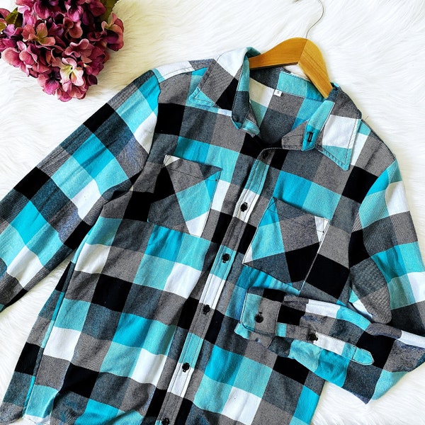 Adult & Child Flannel Plaid Button Shirt Unisex Aqua White Black Red Long Sleeve Cotton Shirt Adult Women Men Button Up Winter Fall Spring