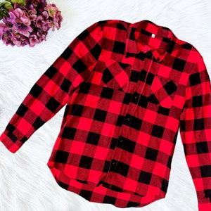 Long Sleeve Buffalo Plaid Flannel Cotton Shirt Unisex Red Black Shirt Child Adult Women Men Button Up Button Down White Black T-Shirt Casual