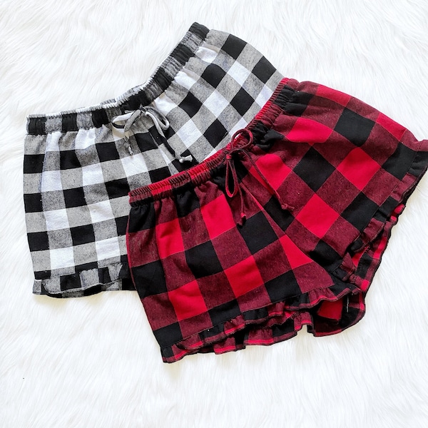 Plaid Flannel Shorts Red White Black Christmas Winter Adult Pajama Bottoms Women Birthday Gift Wedding Bridesmaid Bridal Party XS S M L XL