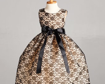 Black Floral Lace Flower Girl Champagne Lining Sleeveless Ankle Length Toddler Junior Dress