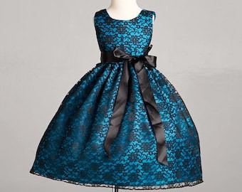 Teal Flower Girl Black Lace Vintage Sleeveless Ankle Length Toddler Junior Dress