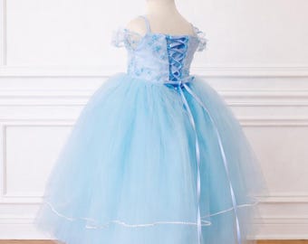 May include: A light blue sleeveless dress featuring a bodice with a lace-up ribbon closure at the back and a full, multi-layered tulle skirt. The bodice is adorned with delicate blue floral embroidery, and the skirt has a hemline.