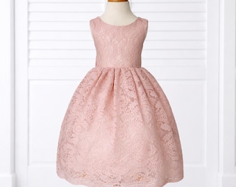 Blush Pink Floral French Lace Flower Girl Ankle V-Back Toddler Spring Dress