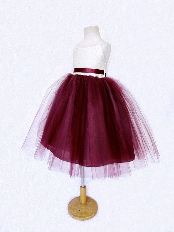 Rustic Burgundy 2 Layer Tulle Ivory Lace Gown Toddler Junior Wedding Flower Girl Graduation Photoshoot Pageant Birthday Spring Summer Fall Etsy UK