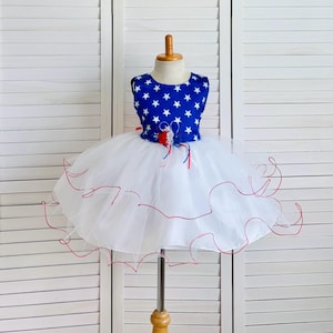 4th Of July Patriotic Stars White Tulle Toddler Junior Pageant Birthday Photoshoot Red White Blue America Holiday Trendy Country Girl Dress