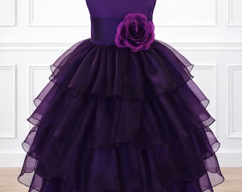 Plum Organza Flower Girl Toddler Ruffled Ankle Length Bridesmaids Summer Dress