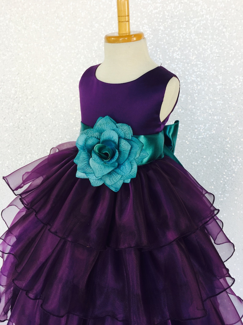 Organza Ruffle Dress W/ Teal Satin Sash Flower Girl Gown | Etsy