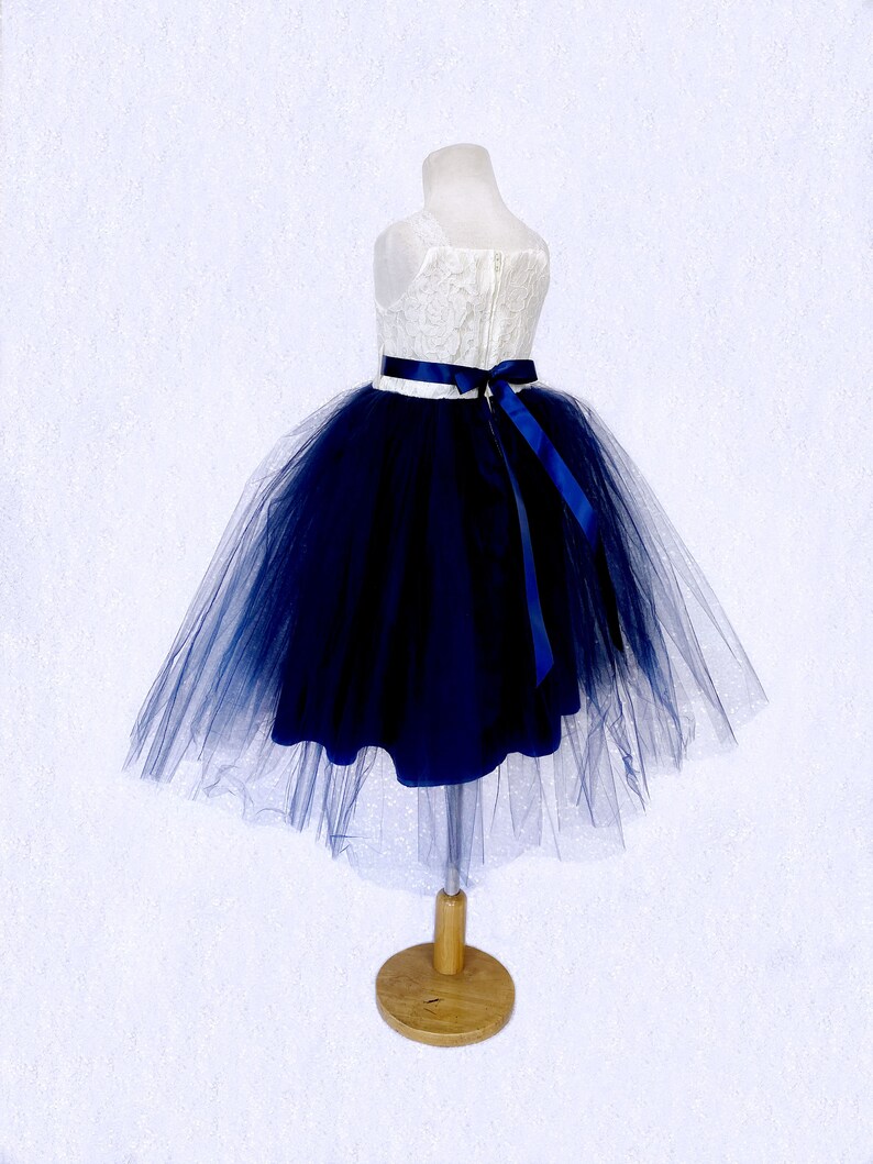 $79 SALE: Ivory Lace Navy Blue Tulle Wedding Flower Girl Dress with V Back main image 0